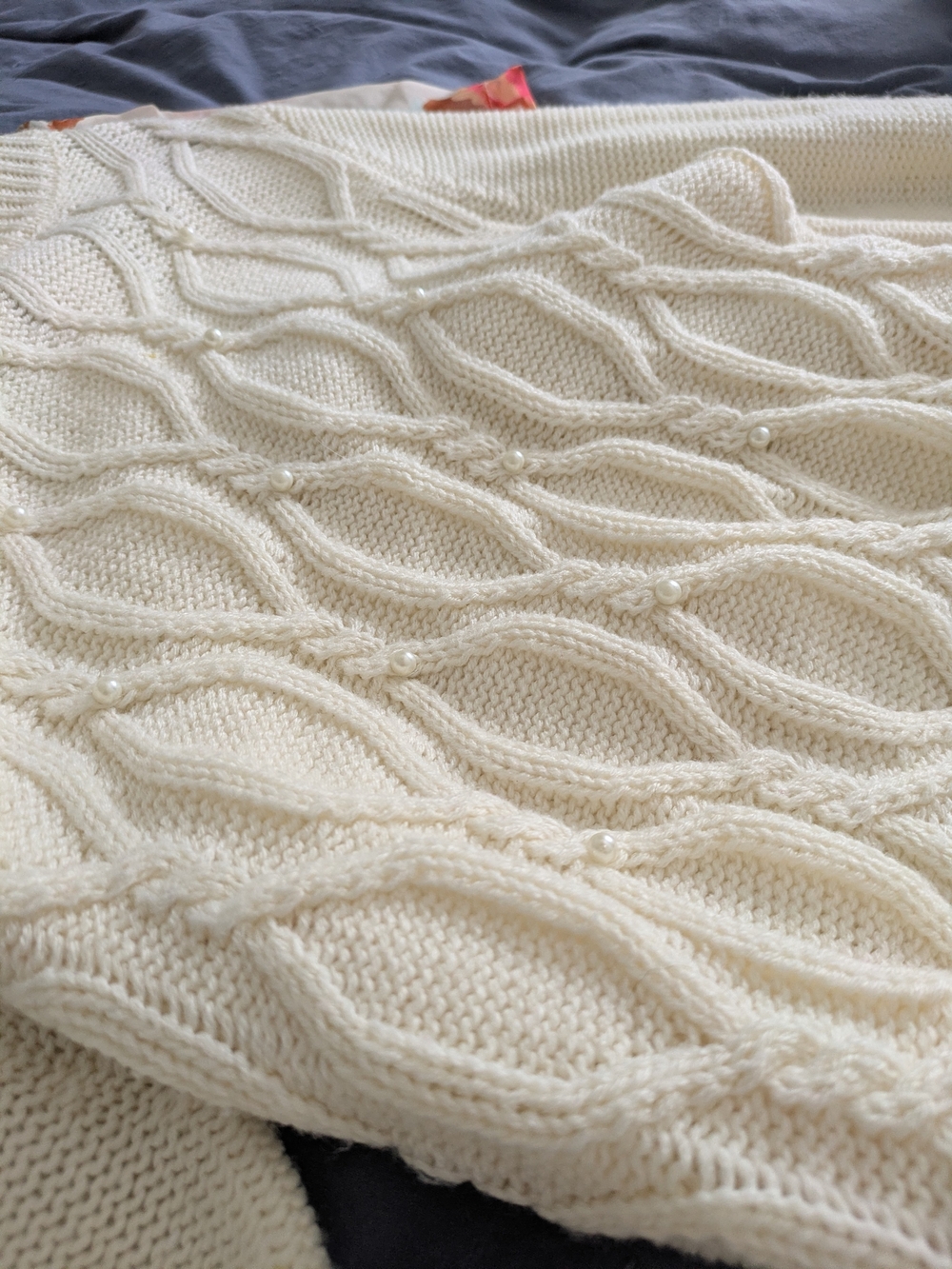 And Now This Cream Cable Knit Sweater with Pearls Size M Mock Neck Textured Bead